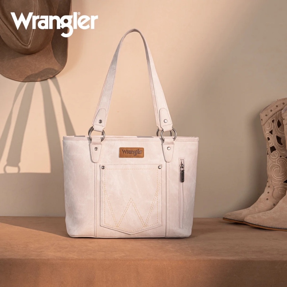 Wrangler "W" Stitch Water Repellent Denim Pocket Zippered Tote Bag- Beige